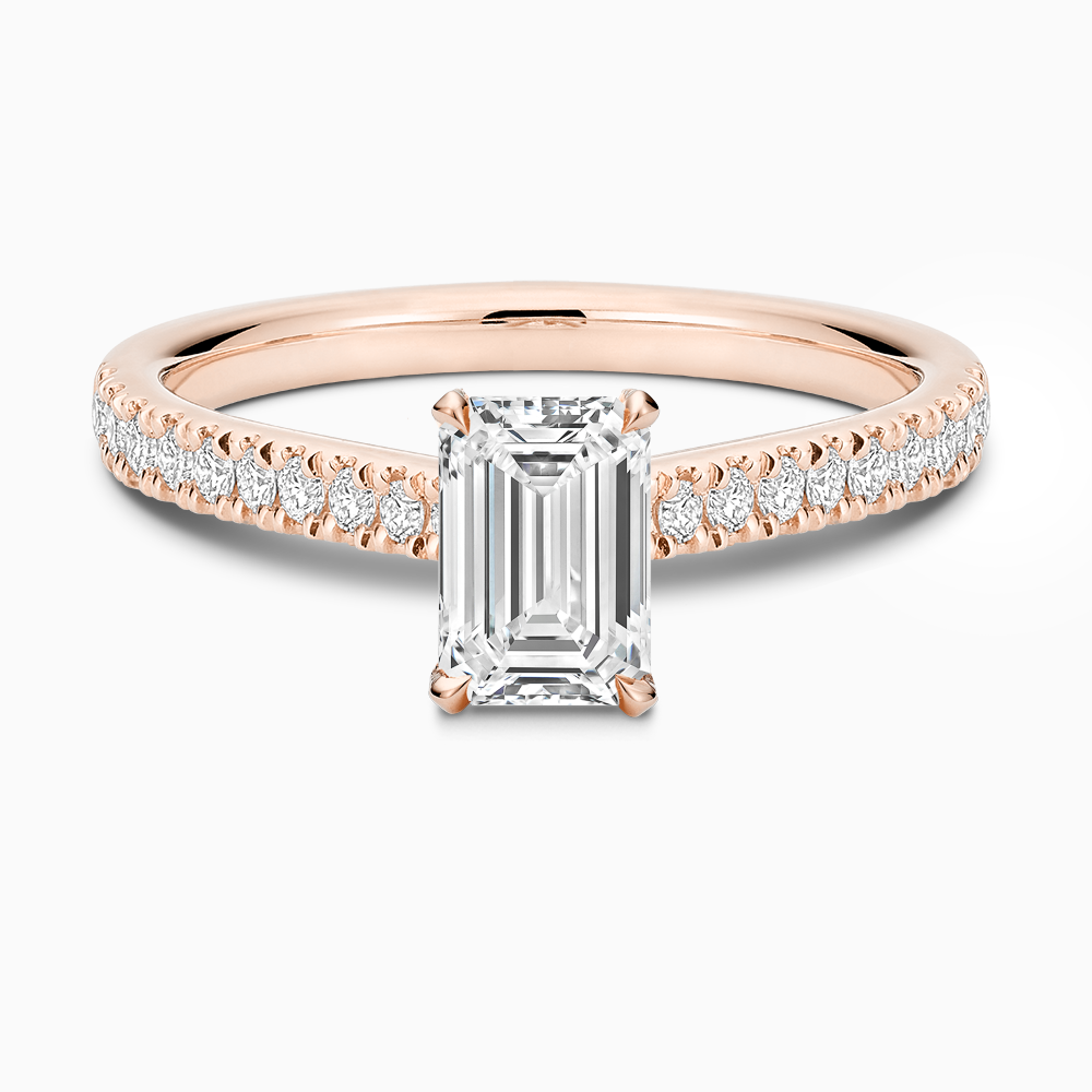 The Ecksand Love-Knot Diamond Engagement Ring with Eagle Prongs shown with Emerald in 14k Rose Gold