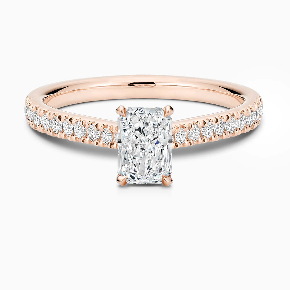 The Ecksand Diamond Engagement Ring with Eagle Prongs shown with Radiant in 14k Rose Gold