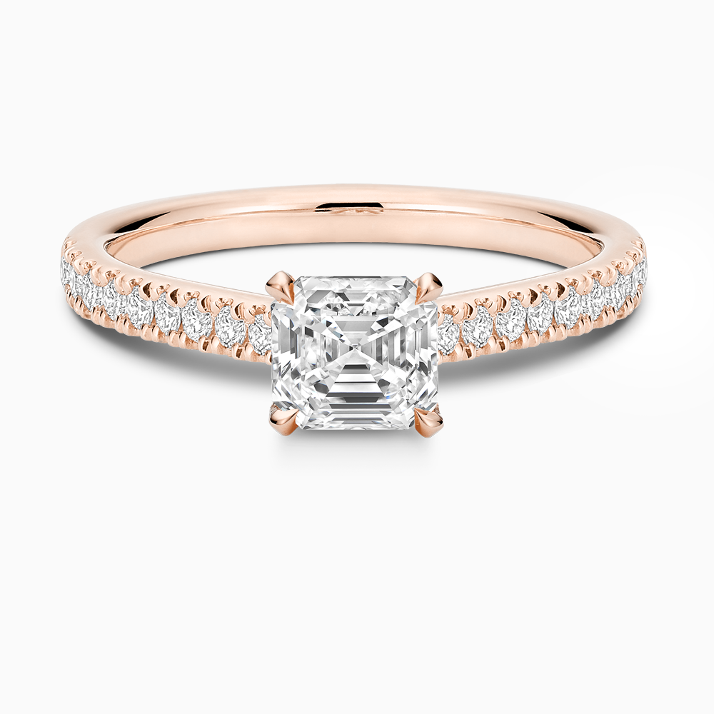 The Ecksand Love-Knot Diamond Engagement Ring with Eagle Prongs shown with Asscher in 14k Rose Gold