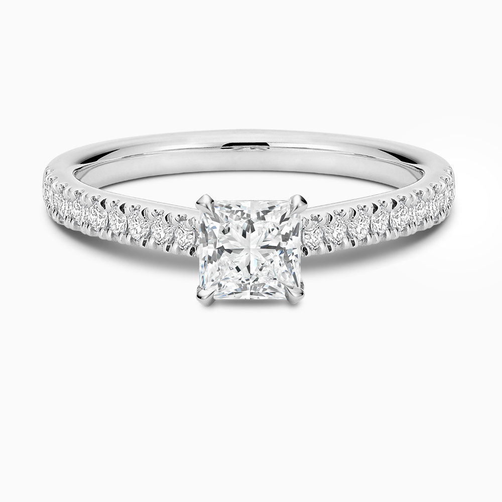 The Ecksand Love-Knot Diamond Engagement Ring with Eagle Prongs shown with Princess in 18k White Gold
