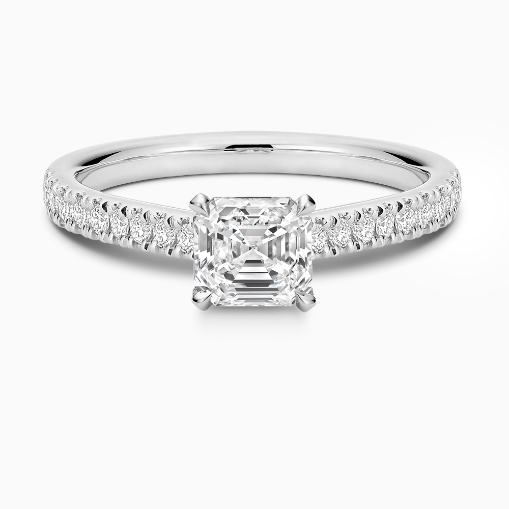 The Ecksand Love-Knot Diamond Engagement Ring with Eagle Prongs shown with Asscher in 18k White Gold