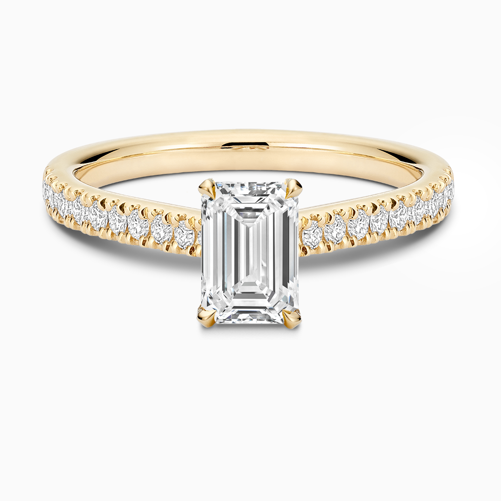 The Ecksand Diamond Engagement Ring with Eagle Prongs shown with Emerald in 18k Yellow Gold