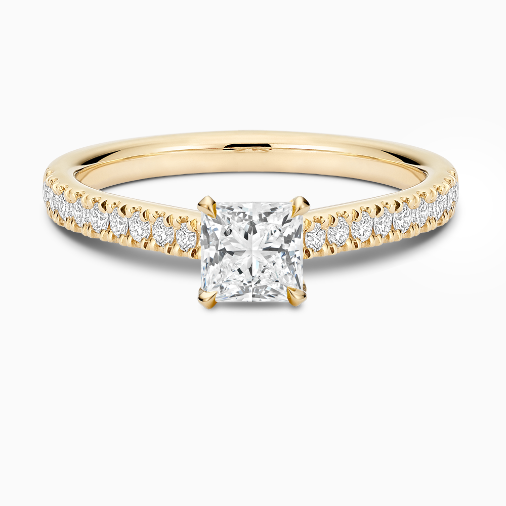 The Ecksand Love-Knot Diamond Engagement Ring with Eagle Prongs shown with Princess in 18k Yellow Gold