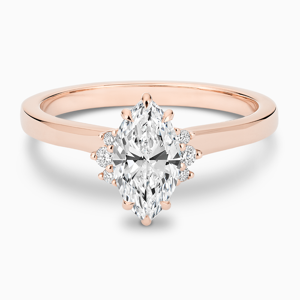 The Ecksand Solitaire Six-Prongs Engagement Ring with Diamond Accent Pavé shown with Marquise in 14k Rose Gold