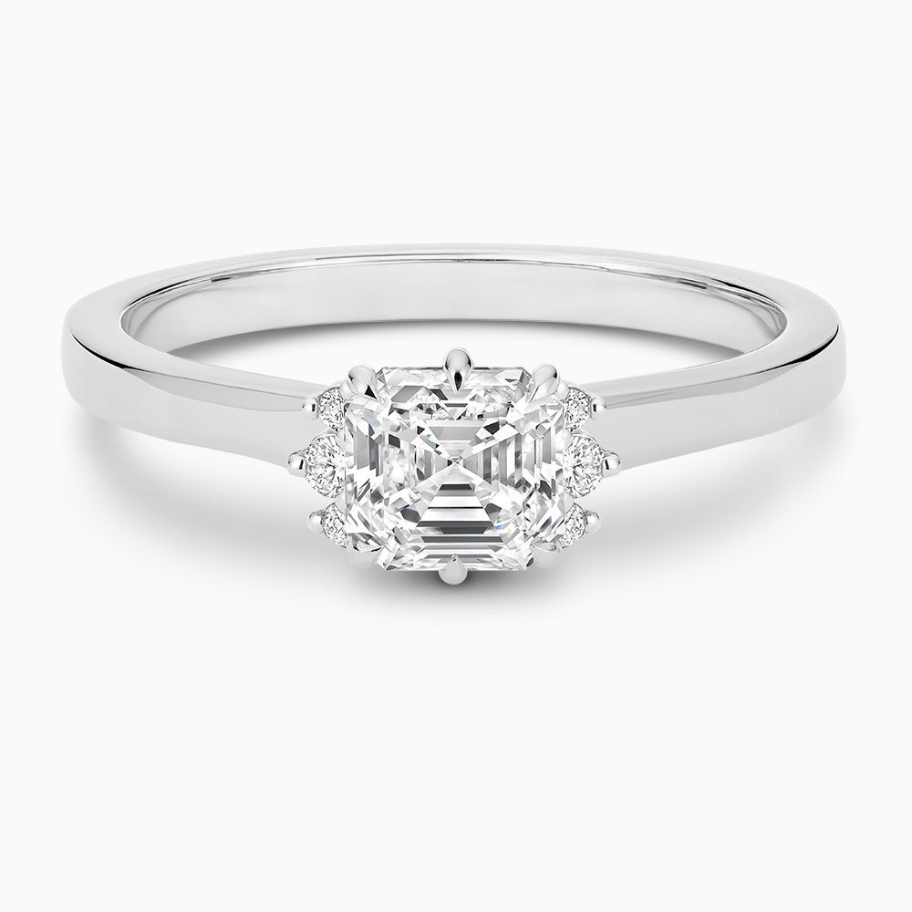 The Ecksand Solitaire Six-Prongs Engagement Ring with Diamond Accent Pavé shown with Asscher in 14k White Gold