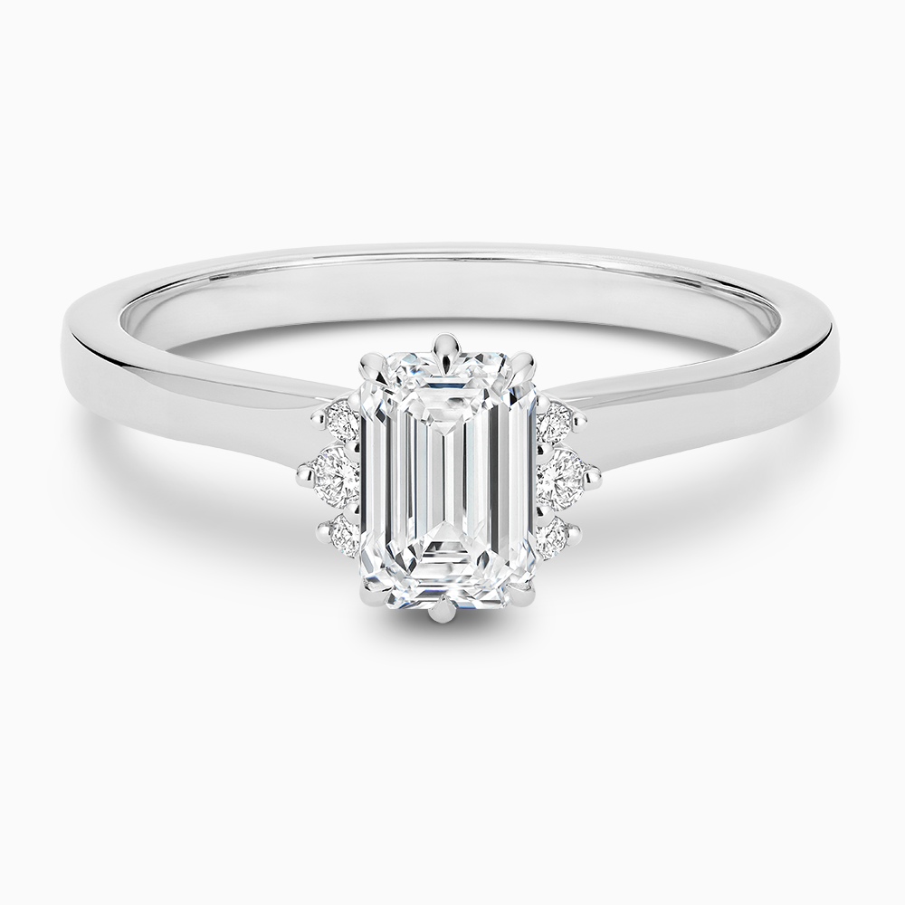 The Ecksand Solitaire Six-Prongs Engagement Ring with Diamond Accent Pavé shown with Emerald in 14k White Gold