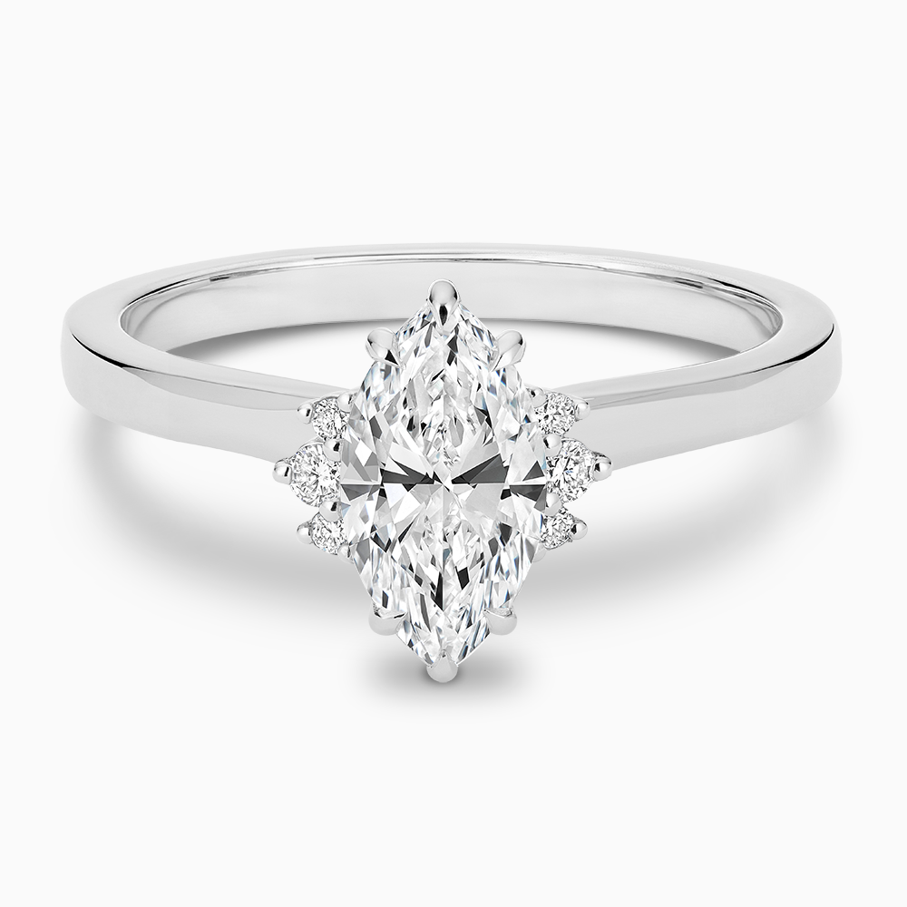 The Ecksand Solitaire Six-Prongs Engagement Ring with Diamond Accent Pavé shown with Marquise in 14k White Gold