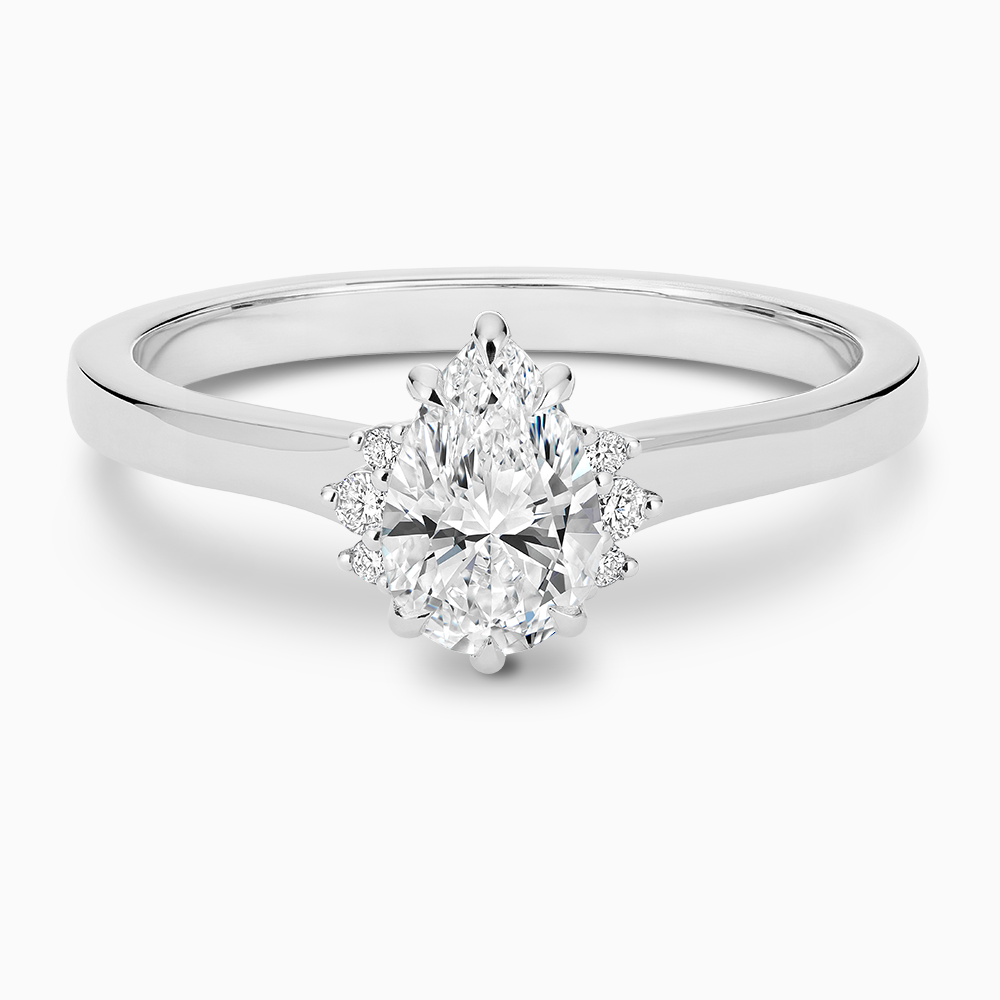 The Ecksand Solitaire Six-Prongs Engagement Ring with Diamond Accent Pavé shown with Pear in 14k White Gold