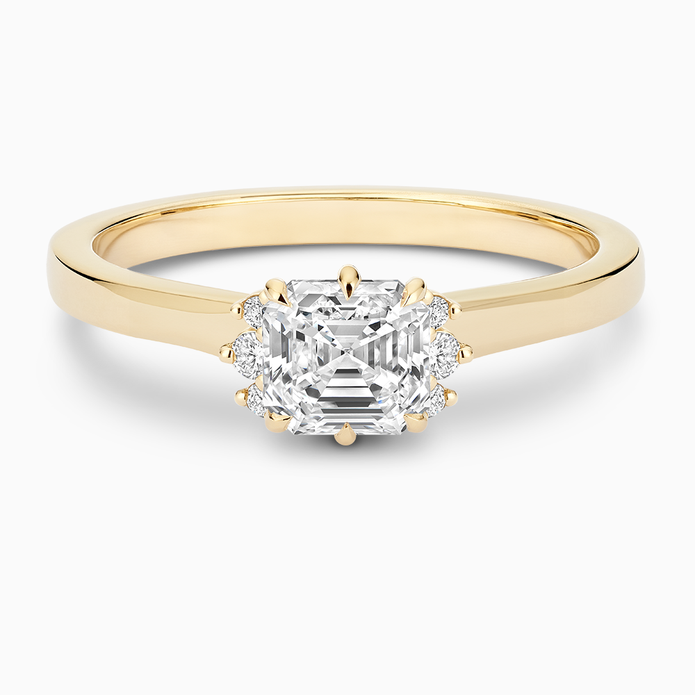 The Ecksand Solitaire Six-Prongs Engagement Ring with Diamond Accent Pavé shown with Asscher in 14k Yellow Gold