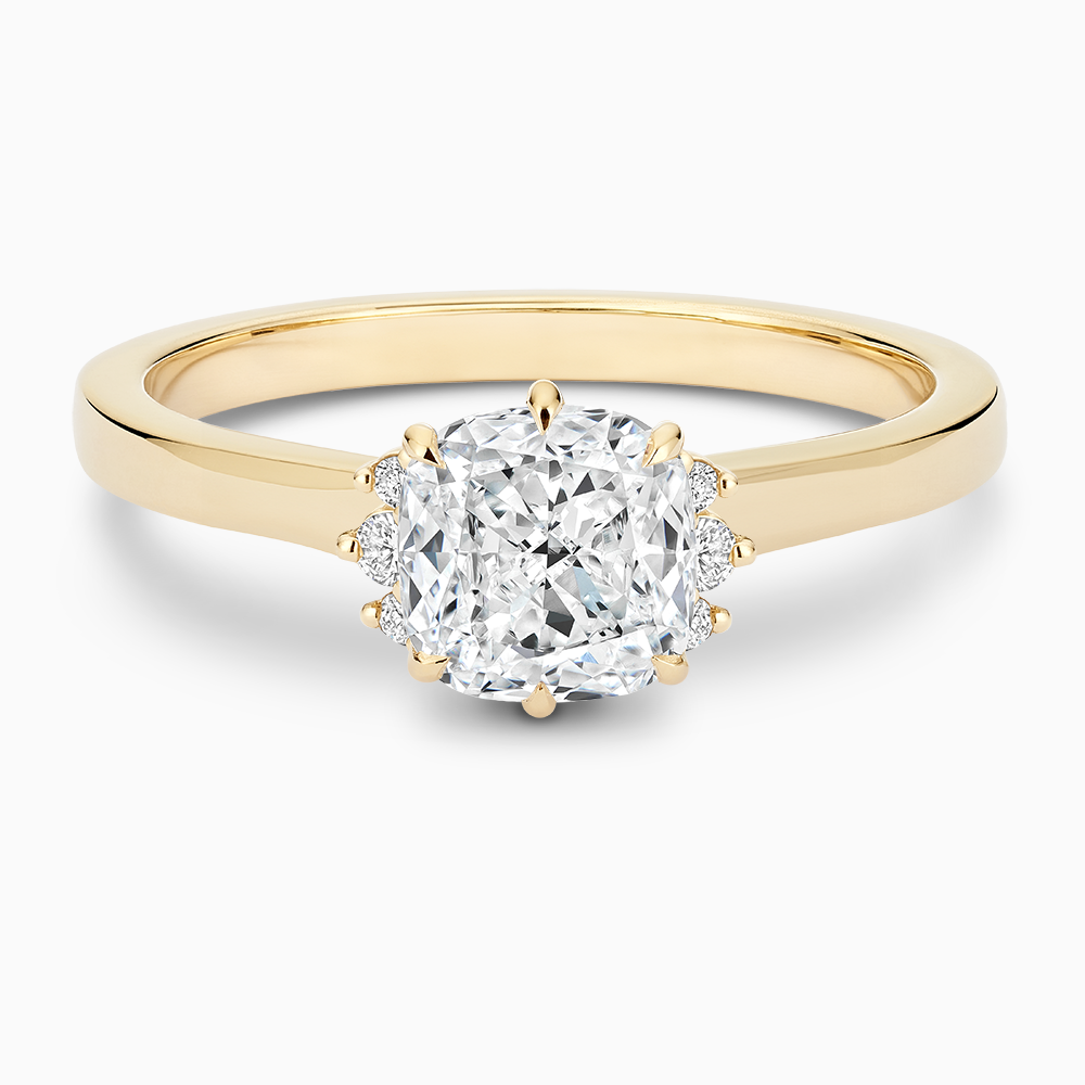 The Ecksand Solitaire Six-Prongs Engagement Ring with Diamond Accent Pavé shown with Cushion in 14k Yellow Gold