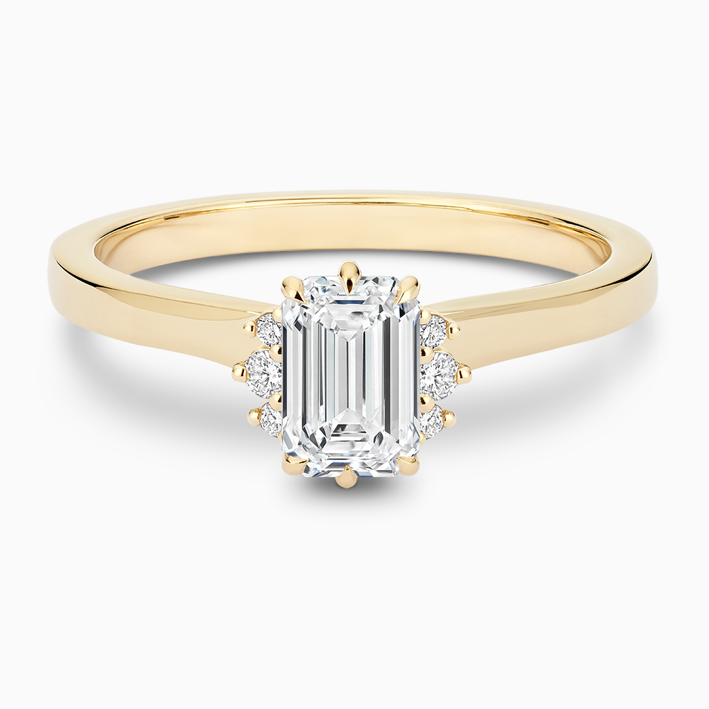 The Ecksand Solitaire Six-Prongs Engagement Ring with Diamond Accent Pavé shown with Emerald in 14k Yellow Gold