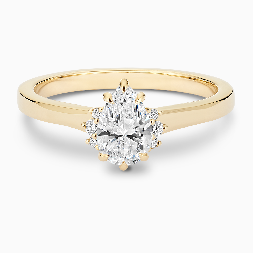 The Ecksand Solitaire Six-Prongs Engagement Ring with Diamond Accent Pavé shown with Pear in 14k Yellow Gold