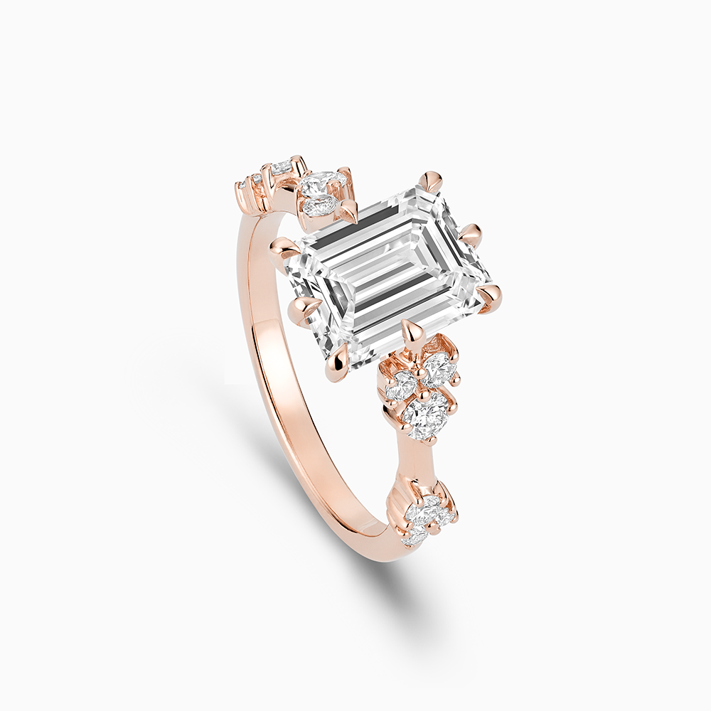 Ecksand's Eight-Prong Blossom Engagement Ring with Side Diamonds in 14k Rose Gold, Emerald #2