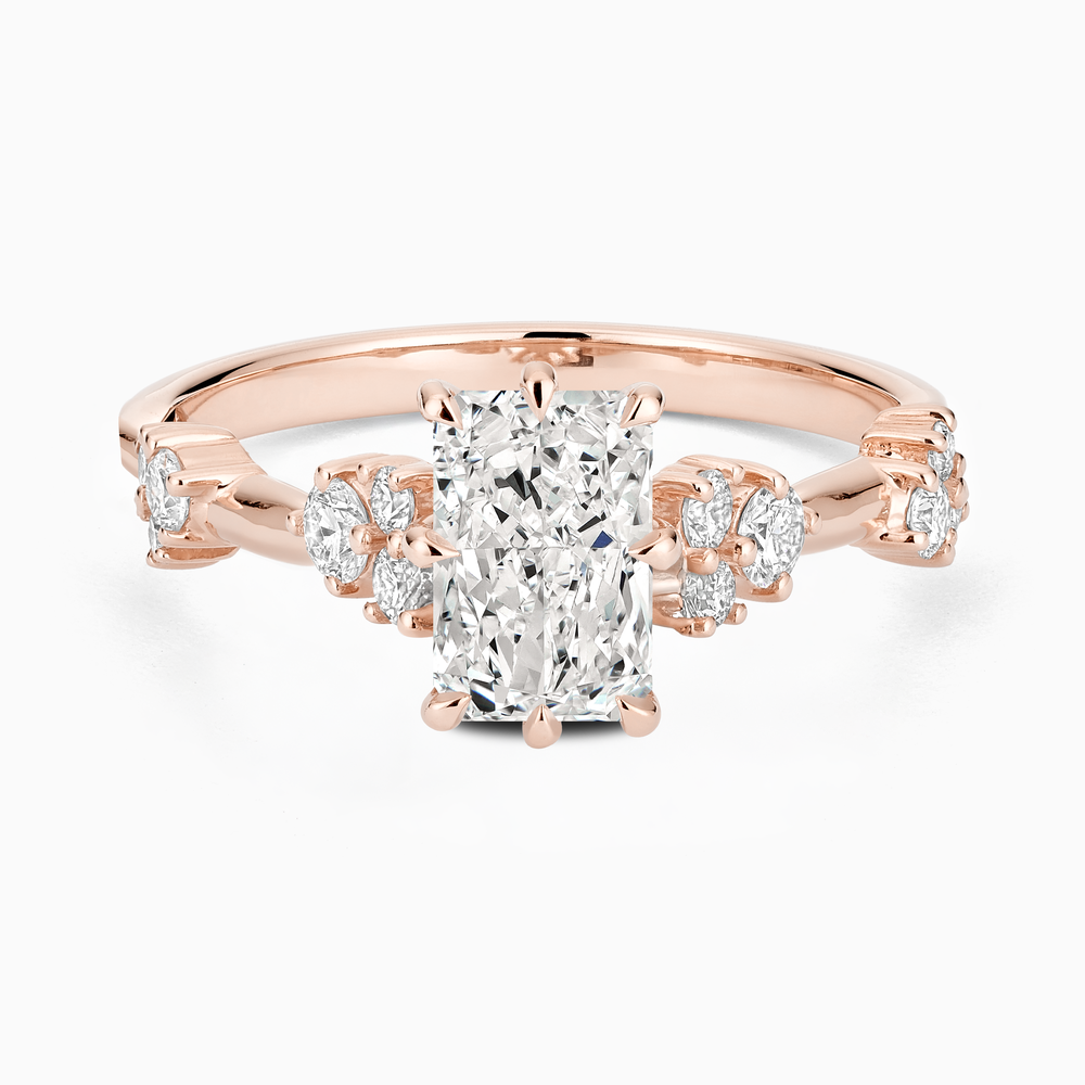 Ecksand's Eight-Prong Blossom Engagement Ring with Side Diamonds in 14k Rose Gold, Radiant