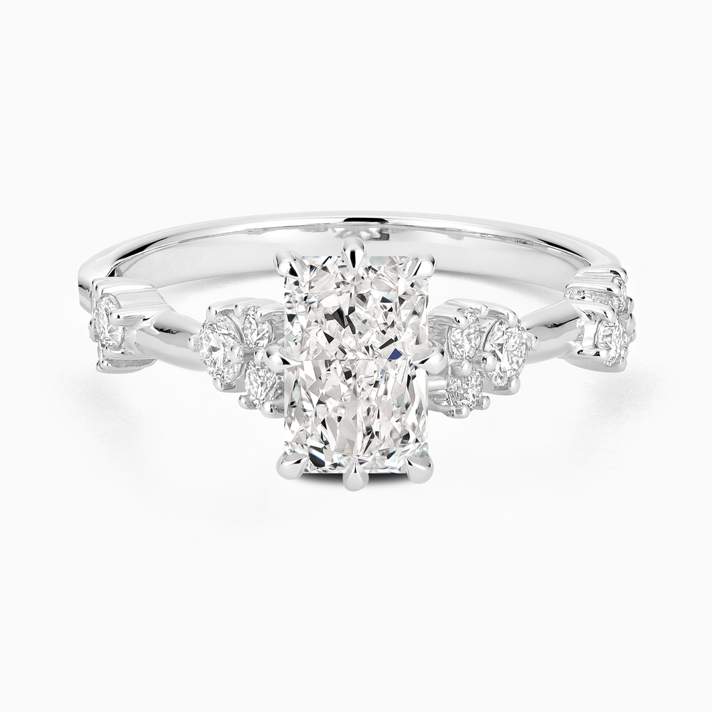 Ecksand's Eight-Prong Blossom Engagement Ring with Side Diamonds in Platinum, Radiant