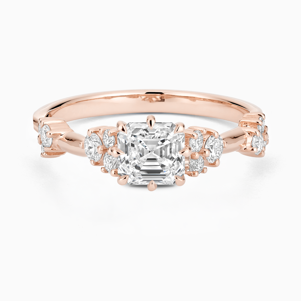 The Ecksand Eight-Prong Blossom Engagement Ring with Side Diamonds shown with Asscher in 14k Rose Gold