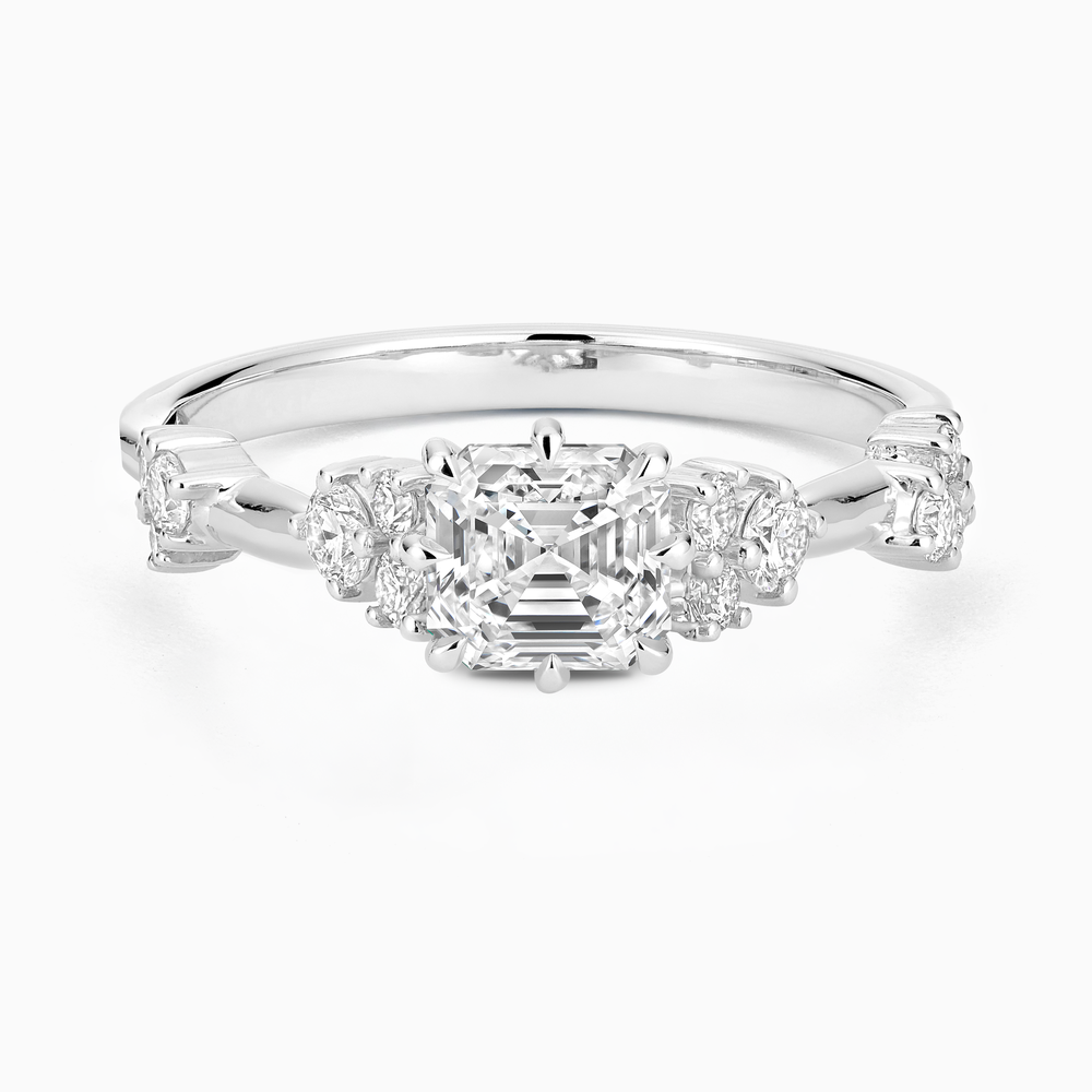 Ecksand's Eight-Prong Blossom Engagement Ring with Side Diamonds in Platinum, Asscher