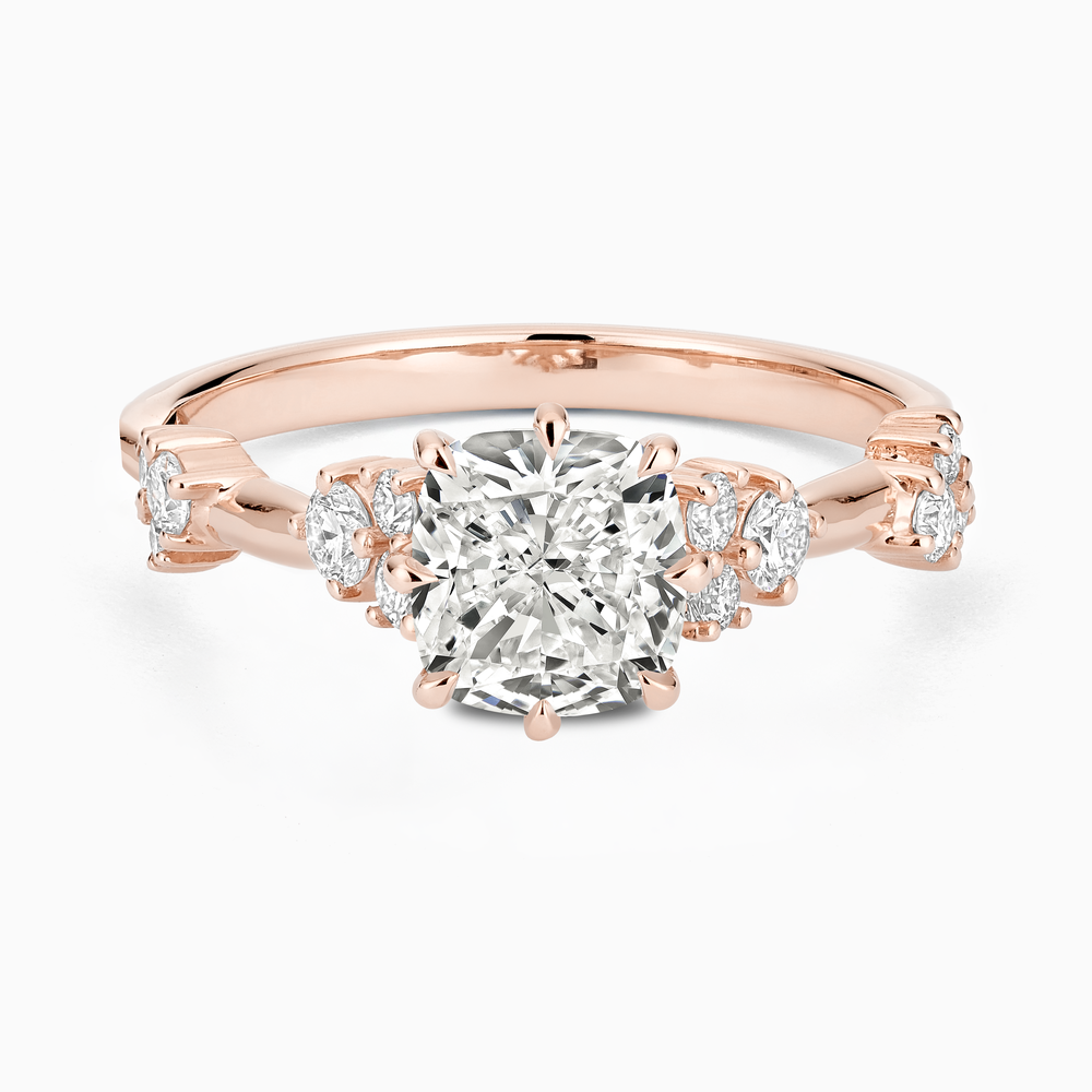 The Ecksand Eight-Prong Blossom Engagement Ring with Side Diamonds shown with Cushion in 14k Rose Gold