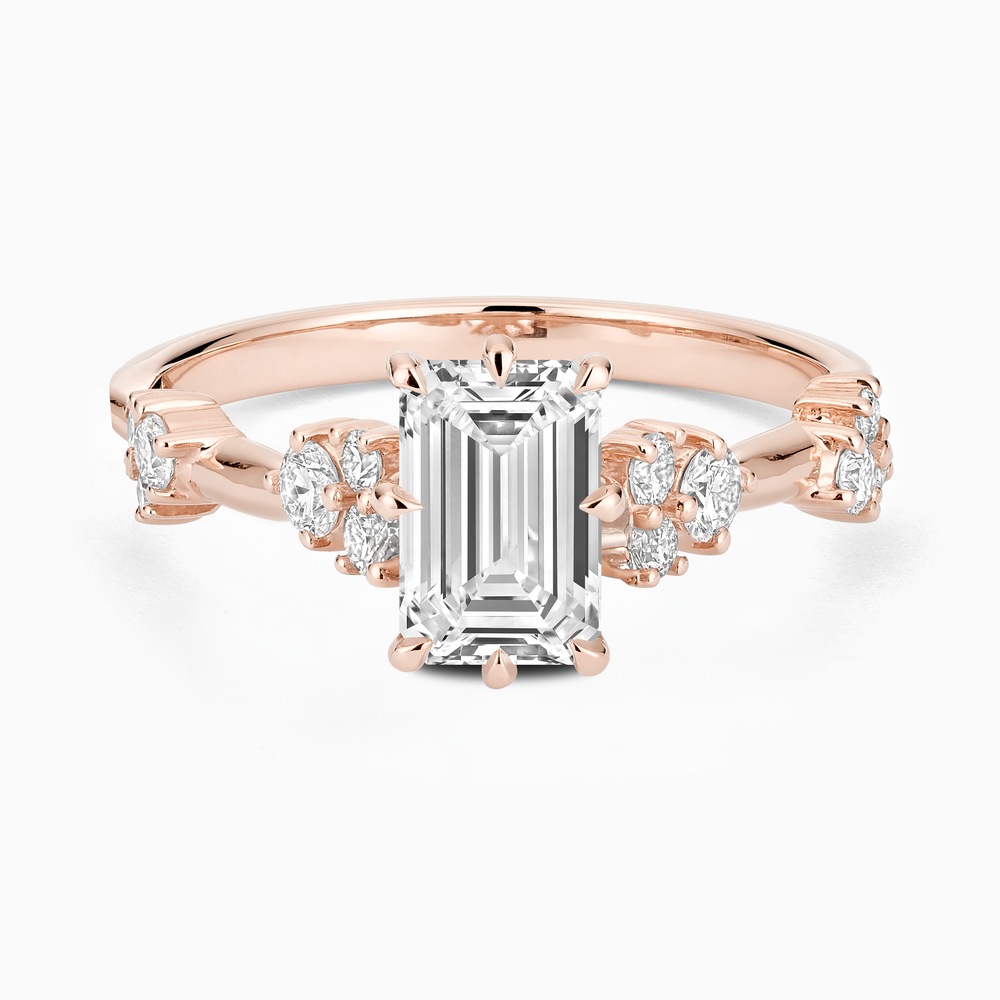 Ecksand's Eight-Prong Blossom Engagement Ring with Side Diamonds in 14k Rose Gold, Emerald