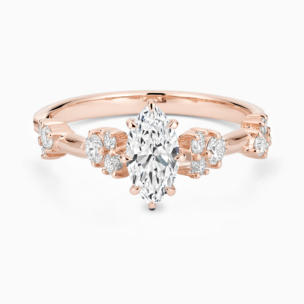 Ecksand's Eight-Prong Blossom Engagement Ring with Side Diamonds in 14k Rose Gold, Marquise