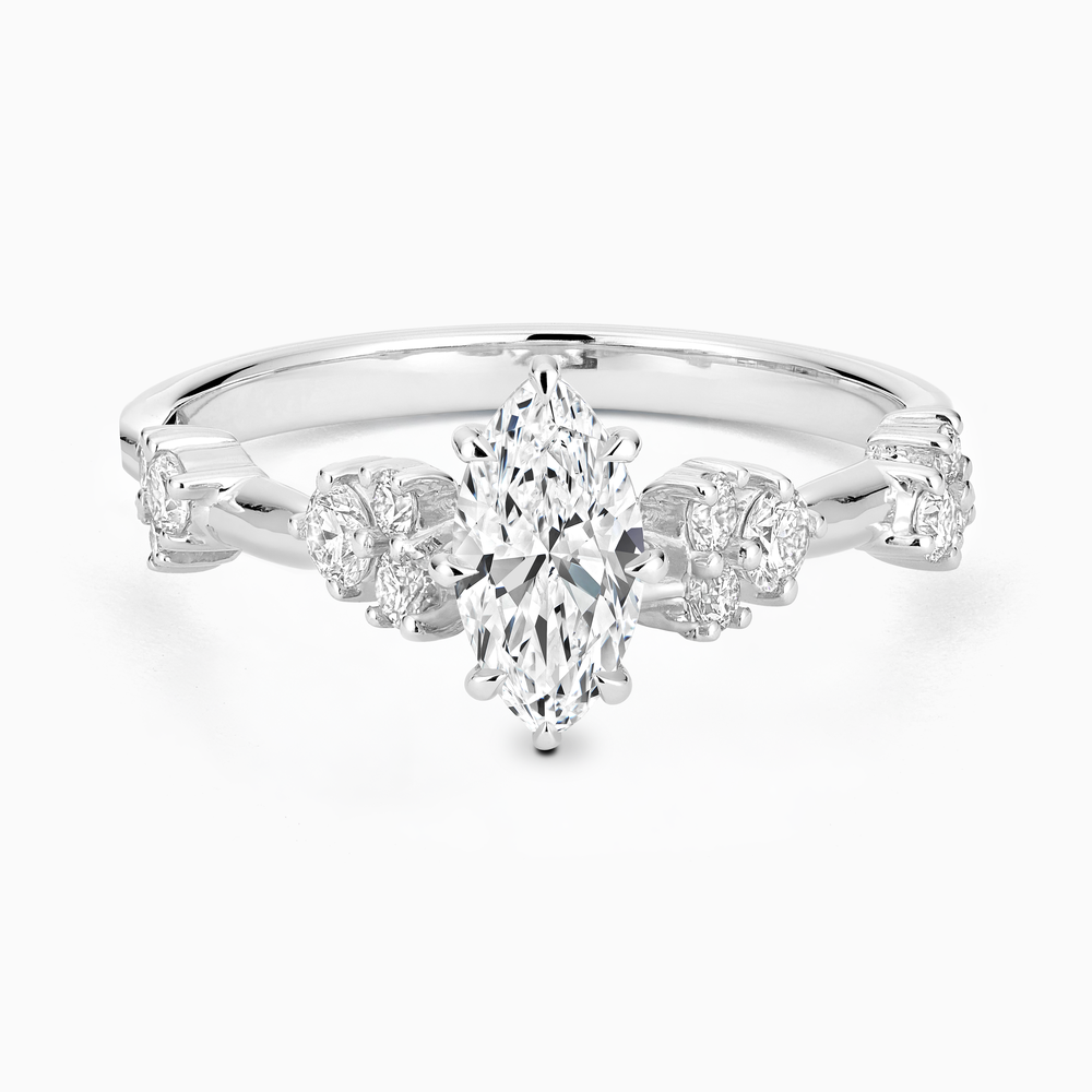 Ecksand's Eight-Prong Blossom Engagement Ring with Side Diamonds in Platinum, Marquise