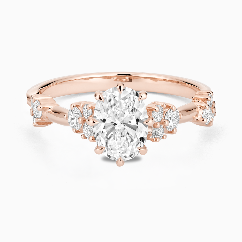 Ecksand's Eight-Prong Blossom Engagement Ring with Side Diamonds in 14k Rose Gold, Oval