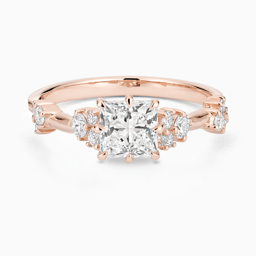 Ecksand's Eight-Prong Blossom Engagement Ring with Side Diamonds in 14k Rose Gold, Princess