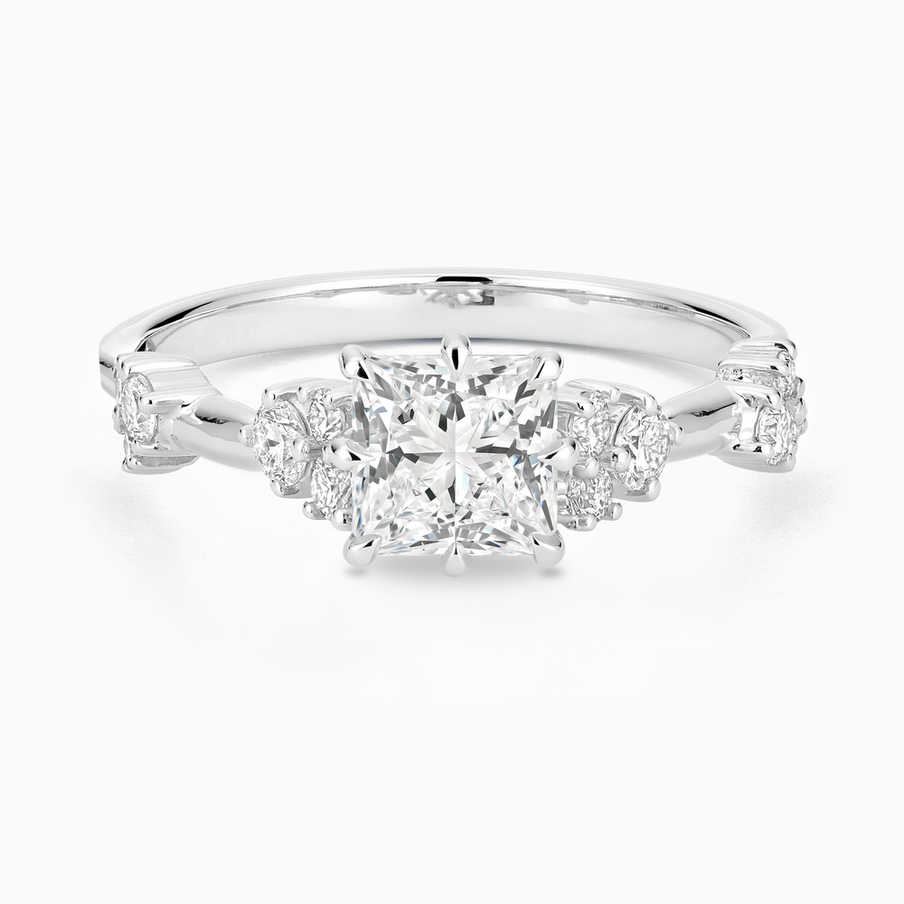 Ecksand's Eight-Prong Blossom Engagement Ring with Side Diamonds in Platinum, Princess