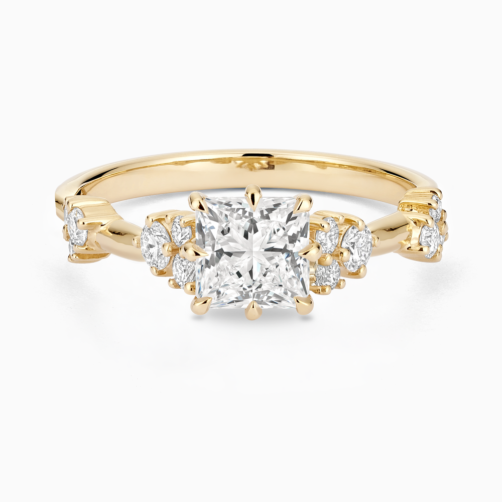 The Ecksand Eight-Prong Blossom Engagement Ring with Side Diamonds shown with Princess in 14k Yellow Gold