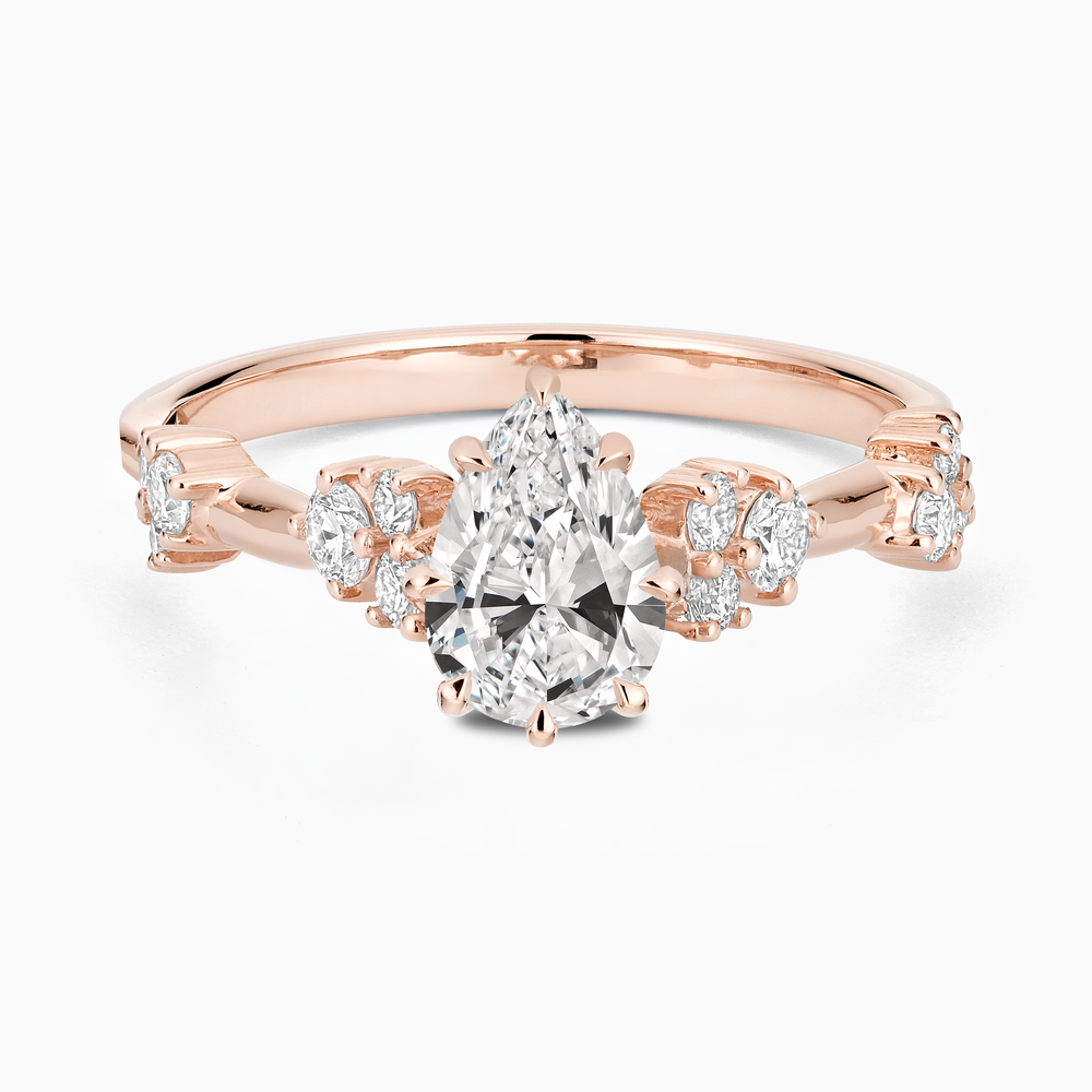 Ecksand's Eight-Prong Blossom Engagement Ring with Side Diamonds in 14k Rose Gold, Pear