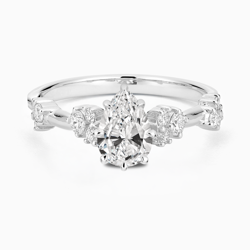 The Ecksand Eight-Prong Blossom Engagement Ring with Side Diamonds shown with Pear in 14k White Gold