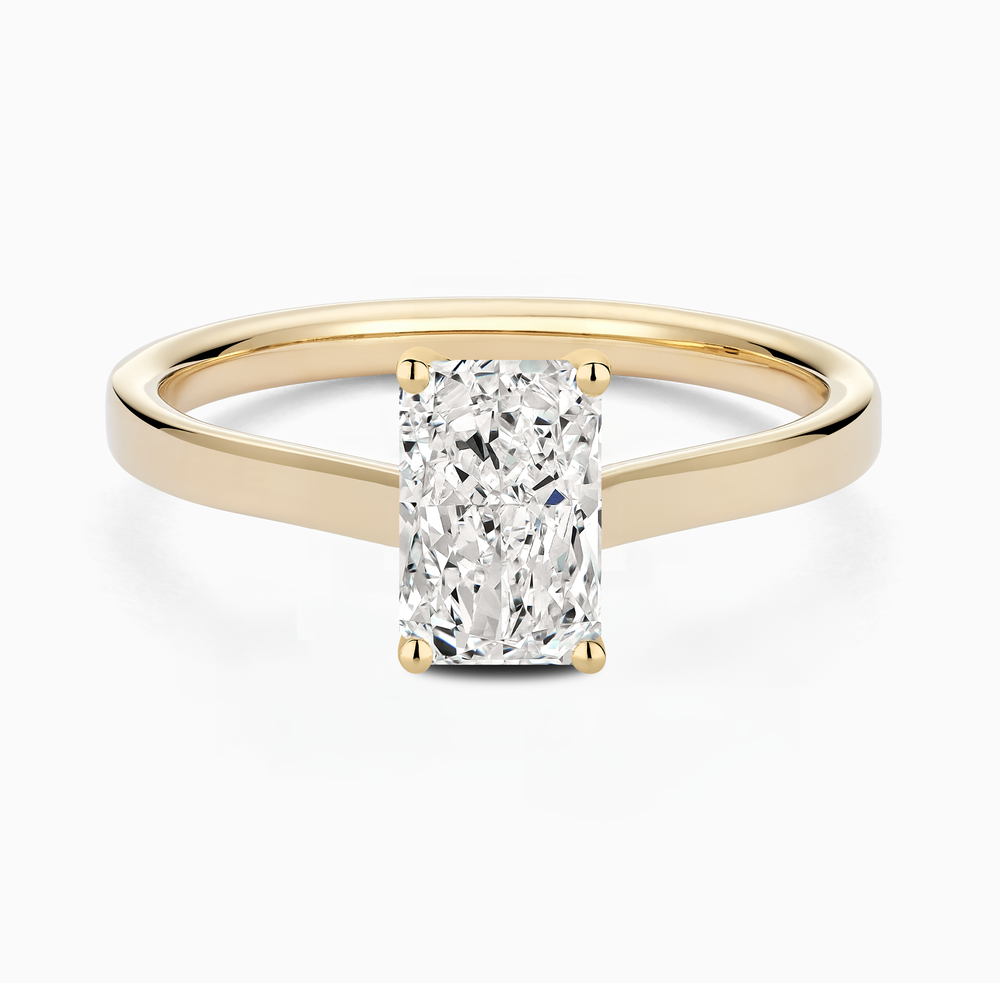 The Ecksand Iconic Hidden Diamond Halo Engagement Ring shown with Radiant in 14k Yellow Gold