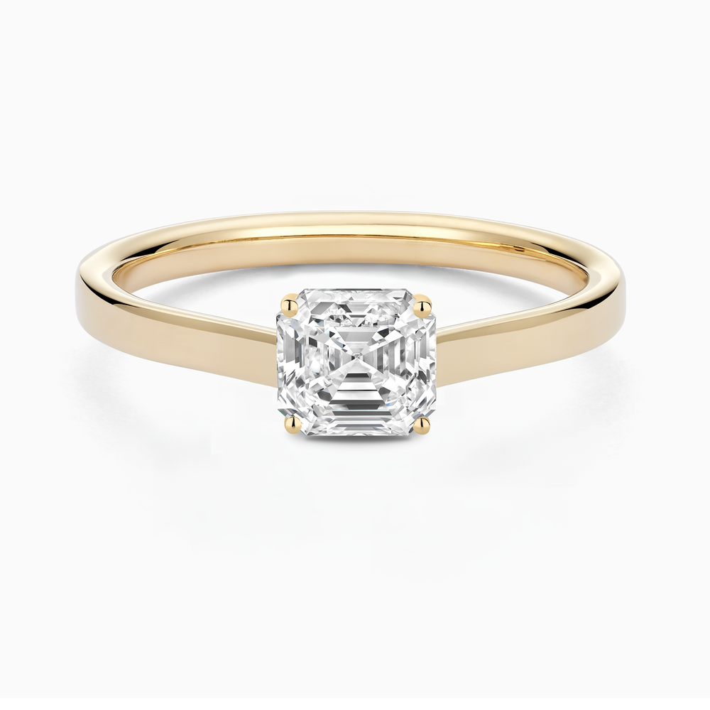 The Ecksand Iconic Hidden Diamond Halo Engagement Ring shown with Asscher in 14k Yellow Gold