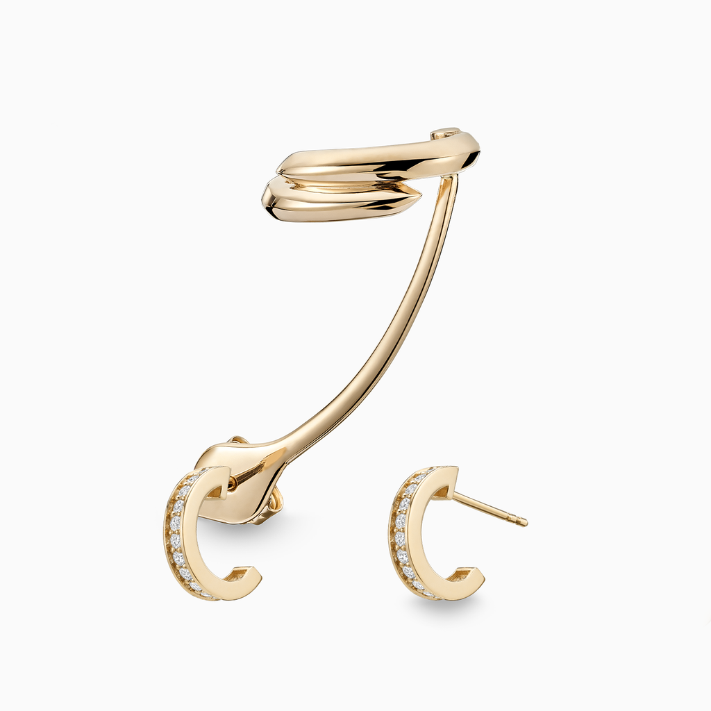 The Ecksand Conch Jacket Earring with Hoop Studs shown with Natural VS2+/F+ in 14k Yellow Gold