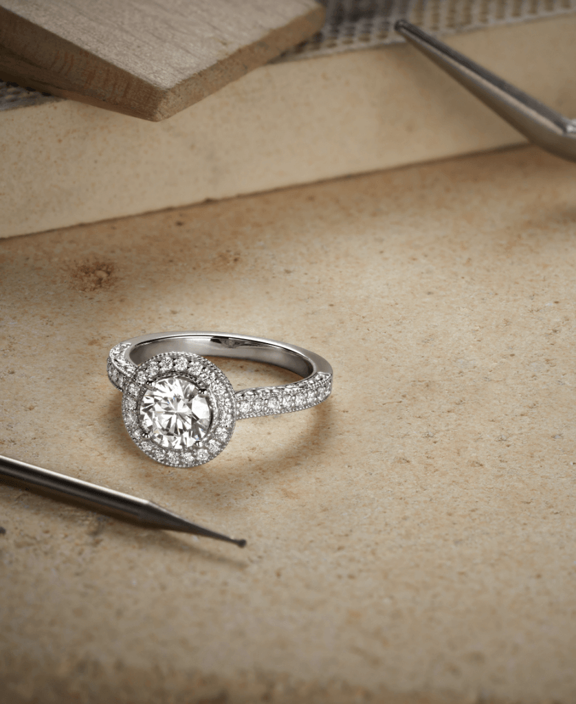 ecksand white gold round cut diamond halo engagement ring in atelier