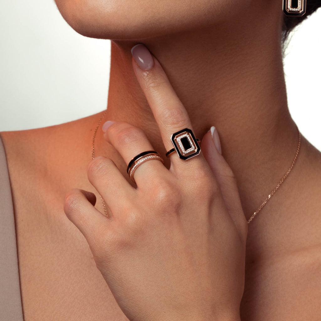 The Ecksand Black Enamel Ring with Diamond Pavé shown with  in 