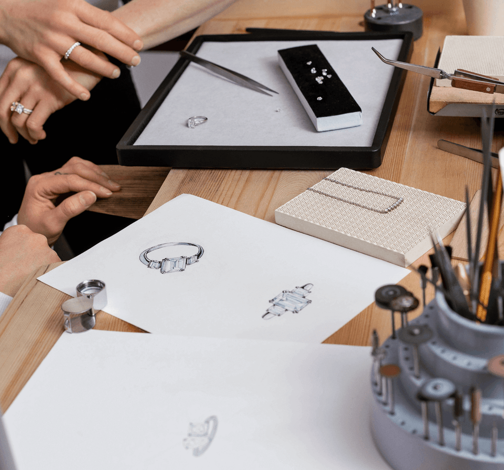 designs in an ecksand atelier with diamonds and workshop tools