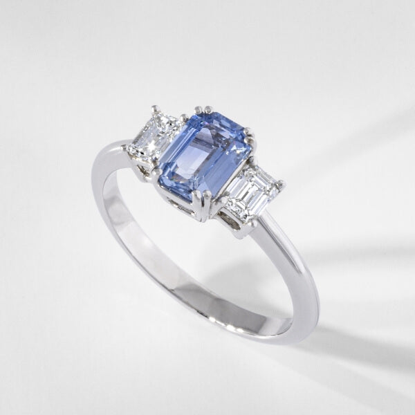 Ecksand Custom Blue Sapphire Trilogy Engagement Ring