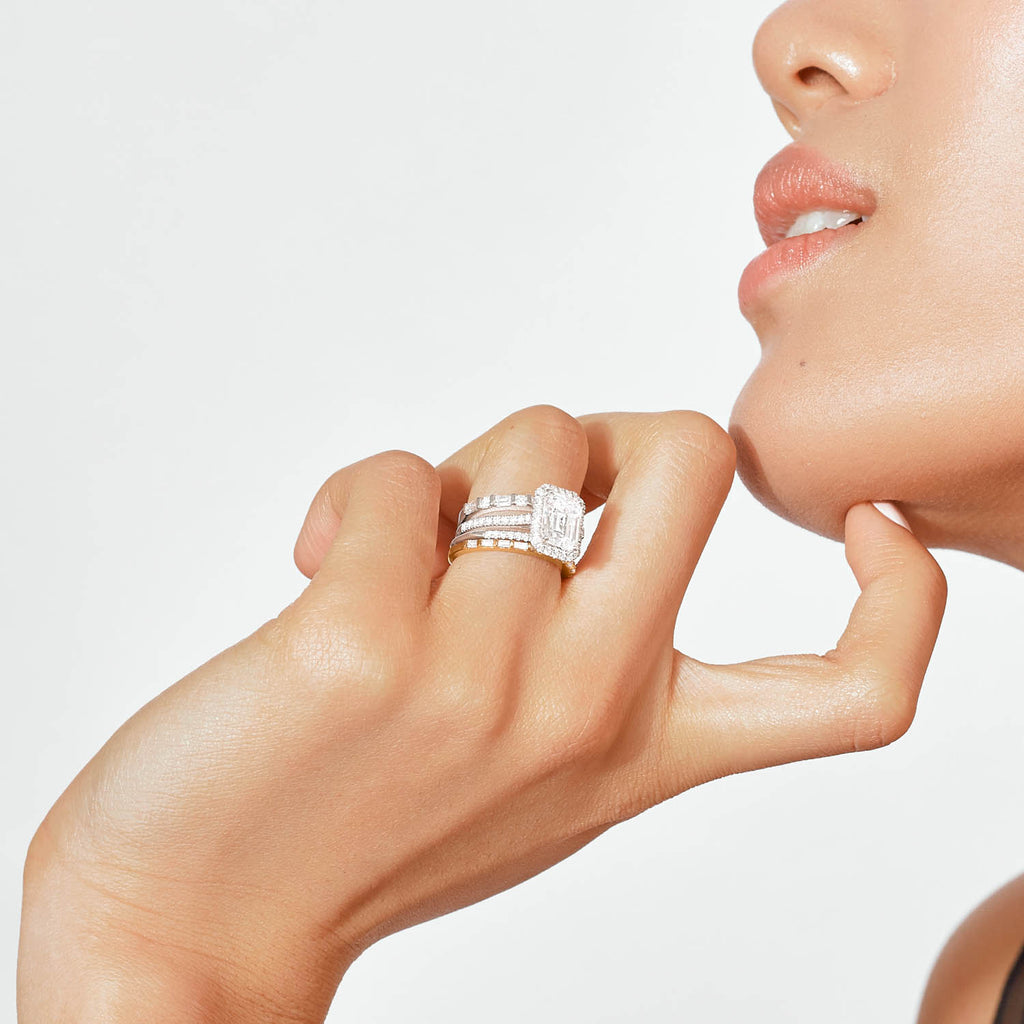 The Ecksand Iconic Diamond Engagement Ring with Halo and Diamond Pavé shown with  in 
