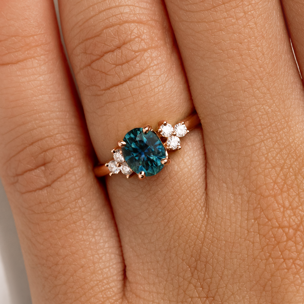 Model wearing Ecksand's Blue Sapphire Engagement Ring with Six Side Diamonds in 14k Rose Gold, Lab-grown VS2+/ F+ #2