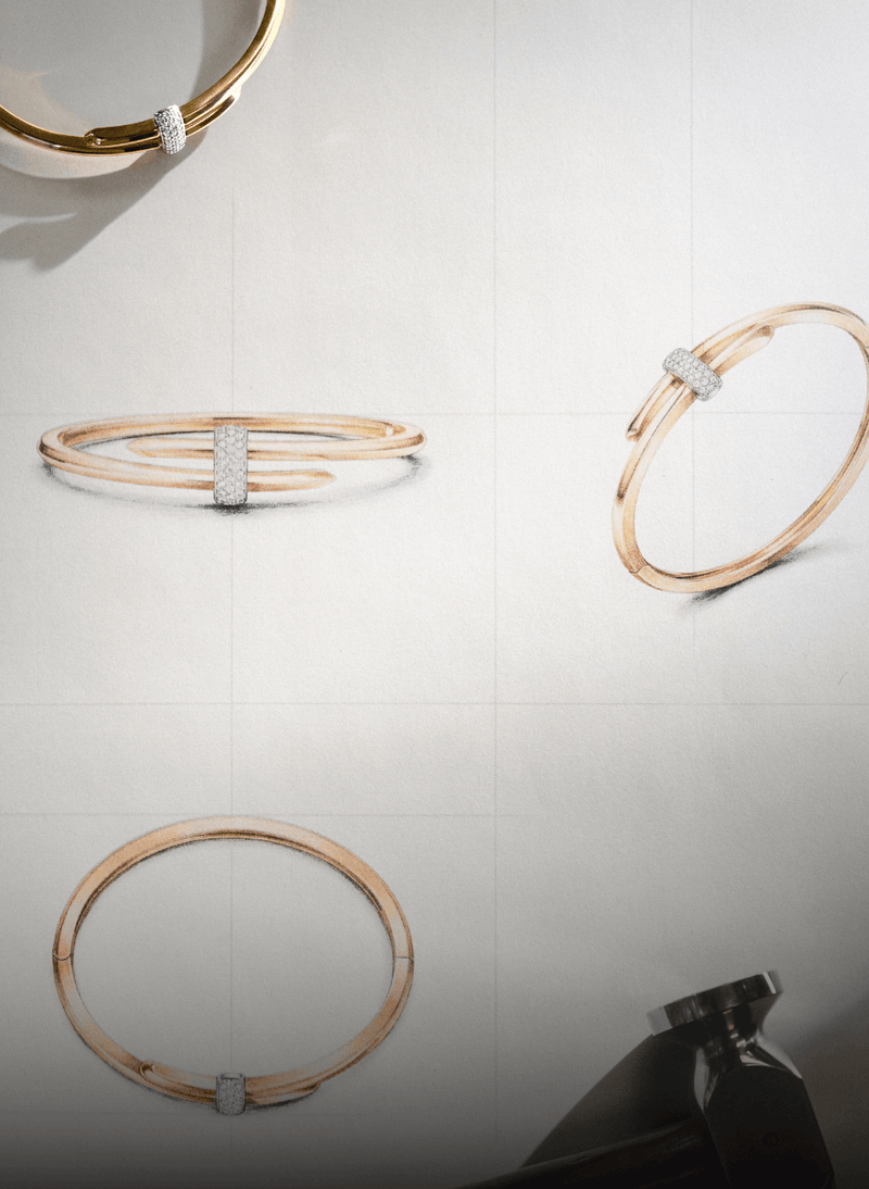 sketches of canadian-made 18k yellow gold Gold bracelets with diamond accents on a light gray background