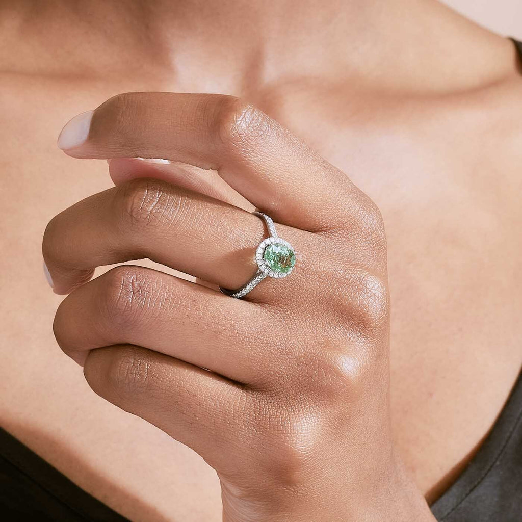 The Ecksand Diamond Halo Engagement Ring with Green Tourmaline shown with  in 