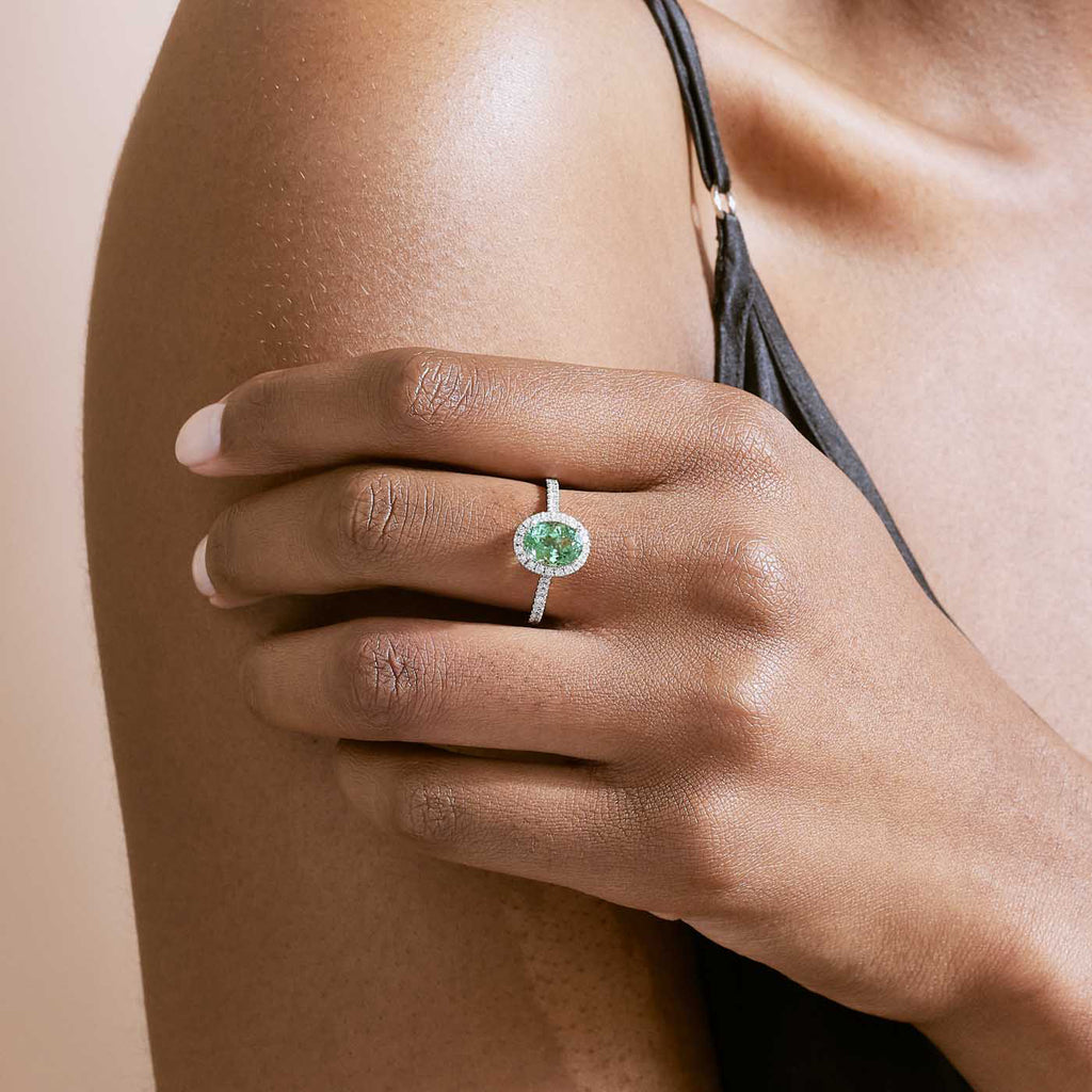 The Ecksand Diamond Halo Engagement Ring with Green Tourmaline shown with  in 