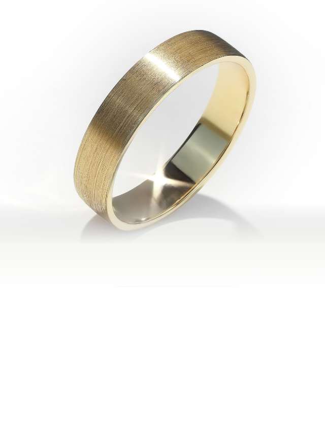 a canadian-made 18k yellow gold brushed gold men's wedding ring band on a white background