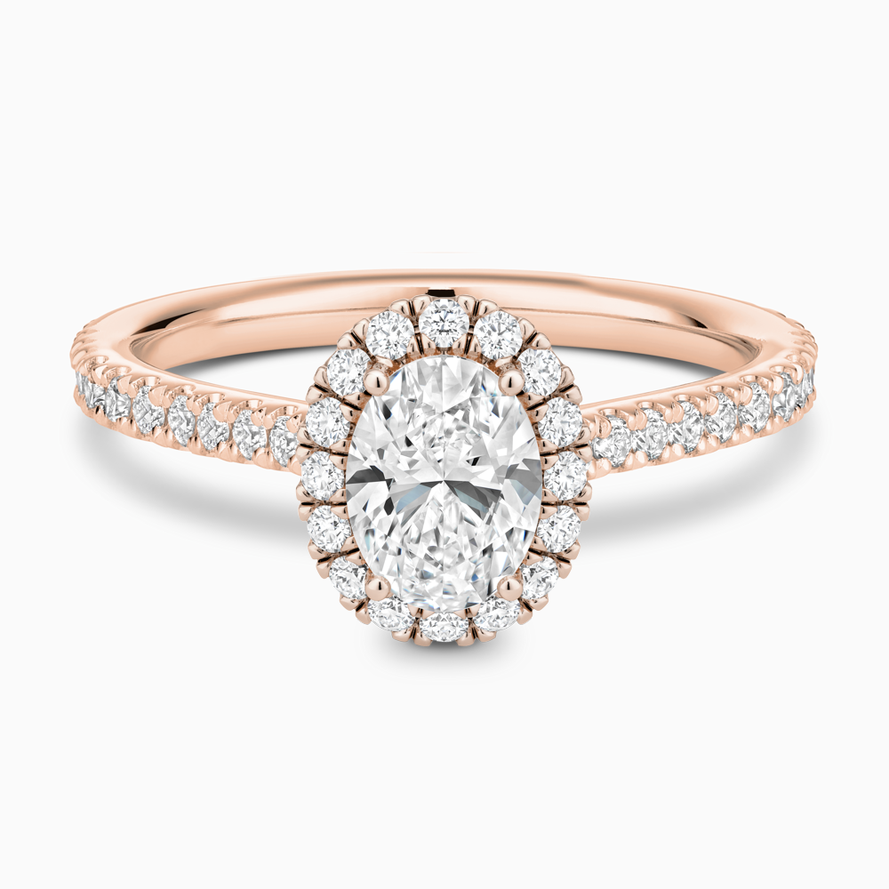 The Ecksand Iconic Diamond Engagement Ring with Halo and Diamond Pavé shown with Oval in 14k Rose Gold