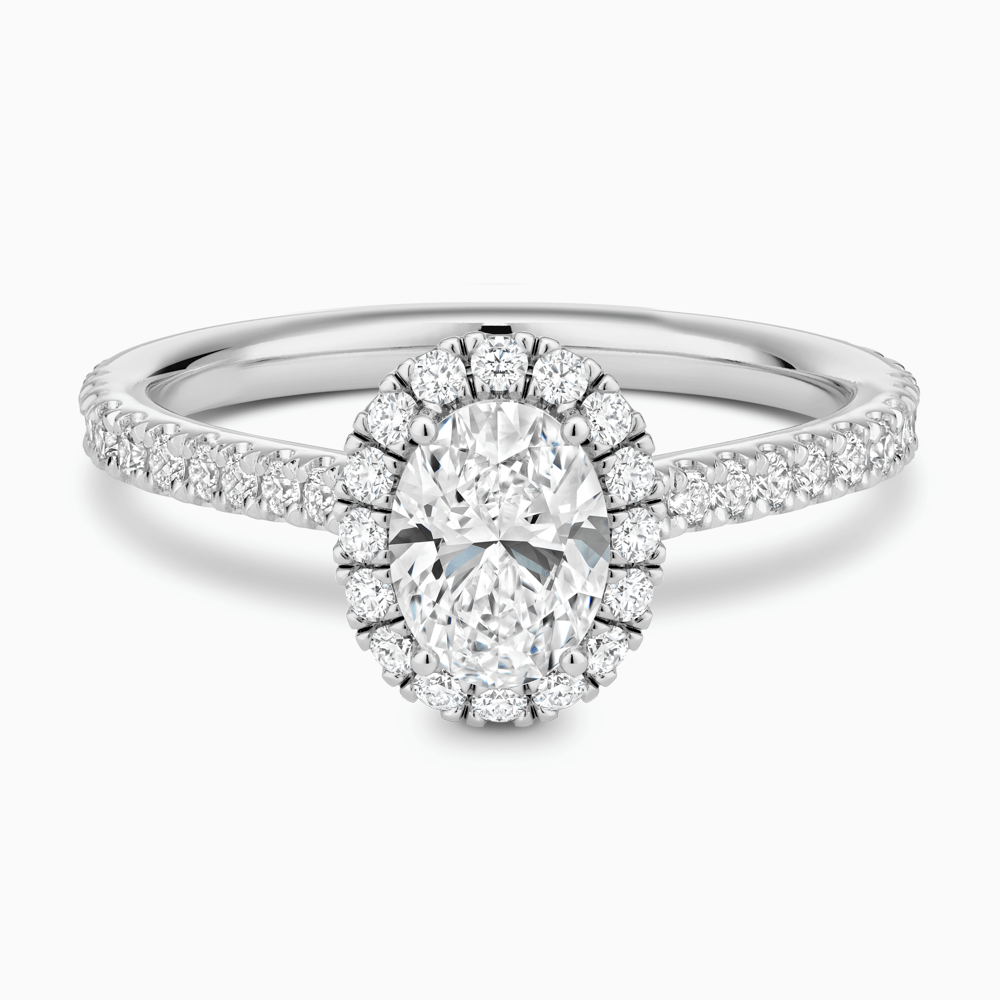 The Ecksand Iconic Diamond Engagement Ring with Halo and Diamond Pavé shown with Oval in Platinum