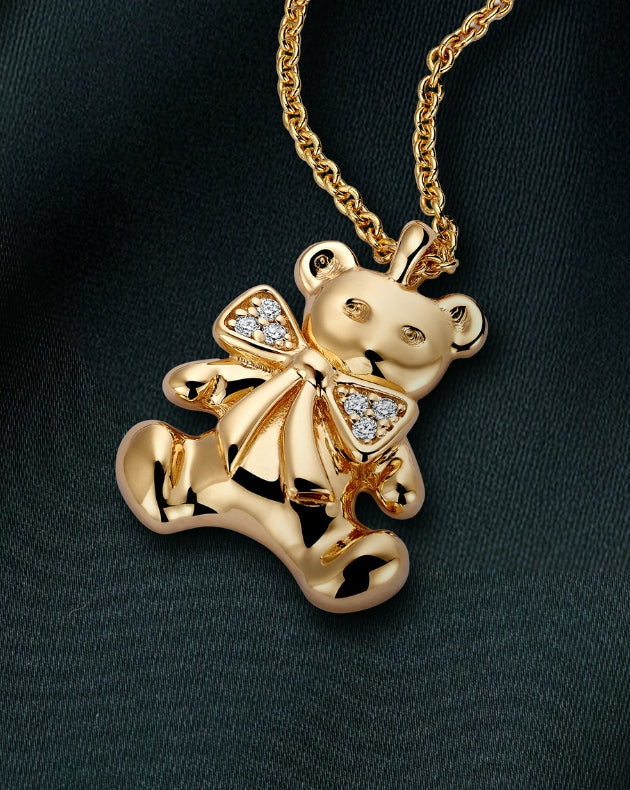 canadian-made 18k yellow gold teddy bear pendant necklace with chain and diamond pave for kids