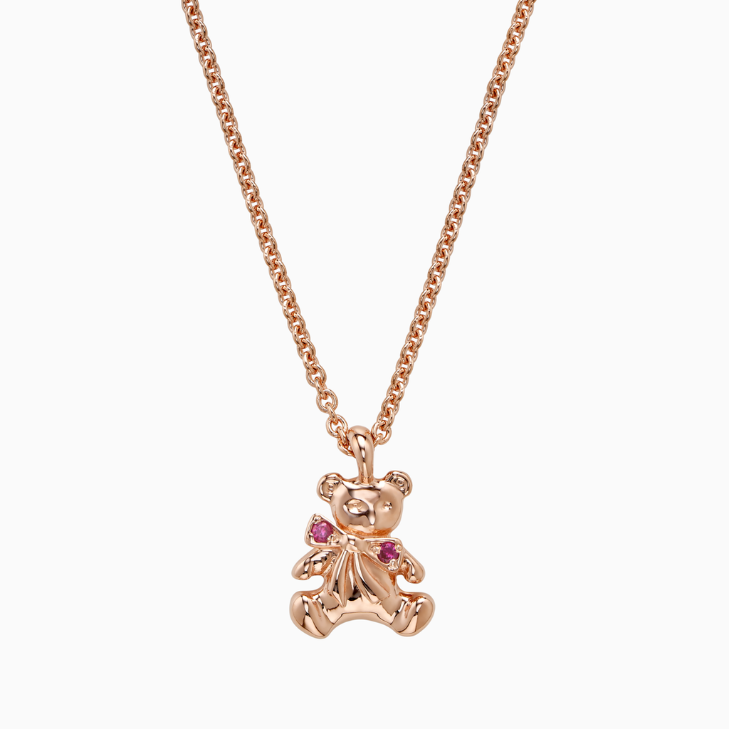 The Ecksand Teddybear Charm Ruby Pendant Necklace shown with Adult | loops at 16" & 18" in 14k Rose Gold