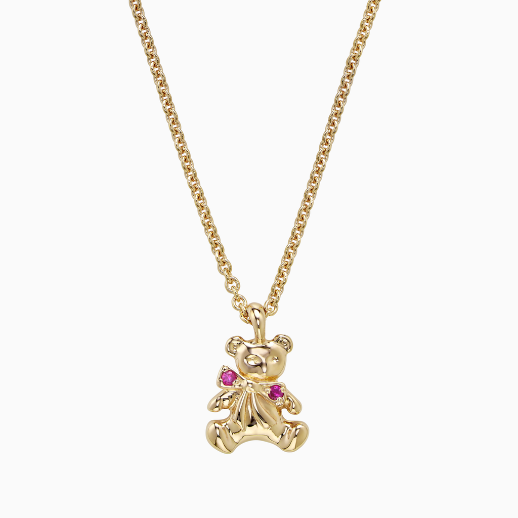 The Ecksand Teddybear Charm Ruby Pendant Necklace shown with Adult | loops at 16" & 18" in 14k Yellow Gold
