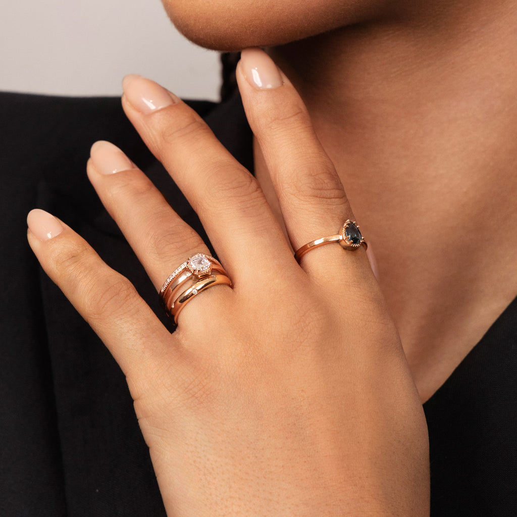 Model wearing Ecksand's Asscher Diamond Stackable Ring with Milgrain Halo in 18k Rose Gold, Natural VS2+/F+ #3